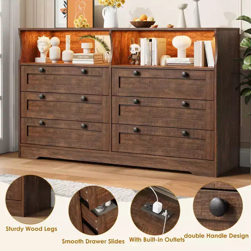 Commode de chambre à coucher en bois de 140 cm avec 6 tiroirs, éclairage LED et grand espace de rangement, organiseur de commode large pour placard et salon