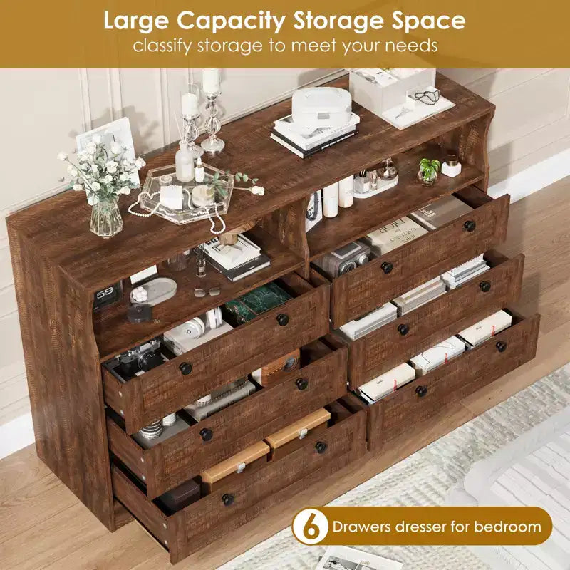 Commode de chambre à coucher en bois de 140 cm avec 6 tiroirs, éclairage LED et grand espace de rangement, organiseur de commode large pour placard et salon