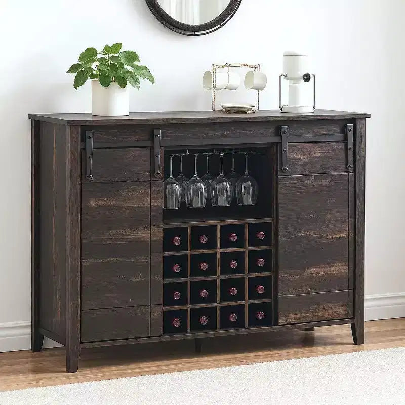 Acekool Bar Cabinet, 47 Buffet Server Sideboard with Sliding Barn Doors, Farmhouse Storage Cabinet with Adjustable Shelf for Dining Room Dark Brown