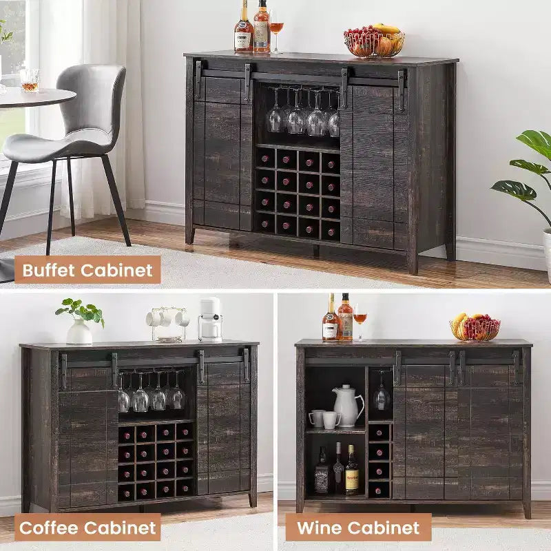 Meuble de bar Acekool, bahut de 120 cm avec portes coulissantes, buffet de rangement style ferme avec étagère réglable pour salle à manger, marron foncé