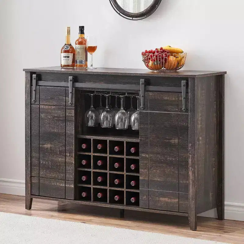 Meuble de bar Acekool, bahut de 120 cm avec portes coulissantes, buffet de rangement style ferme avec étagère réglable pour salle à manger, marron foncé