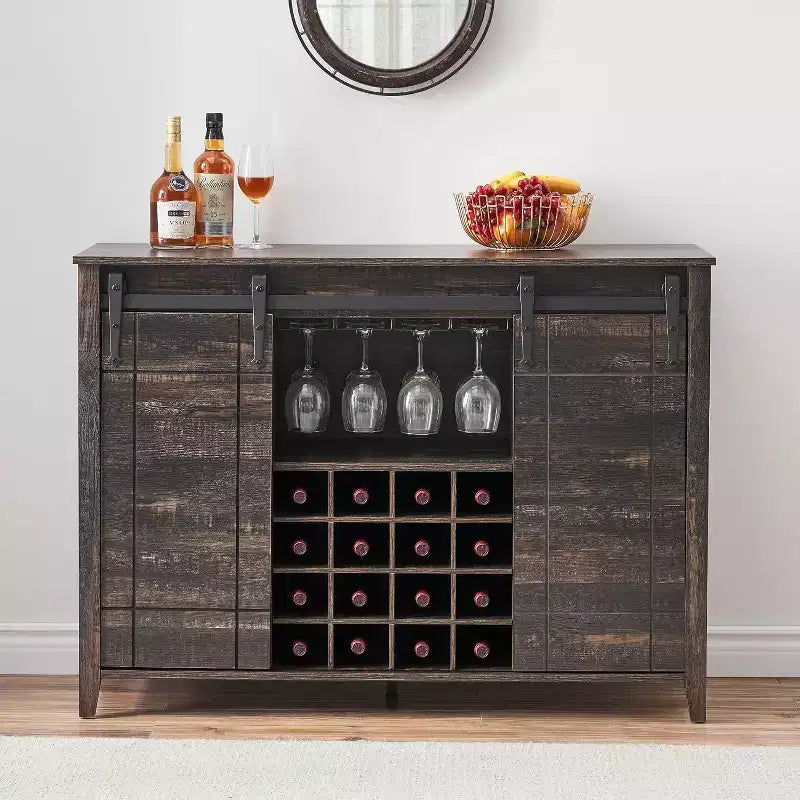 Meuble de bar Acekool, bahut de 120 cm avec portes coulissantes, buffet de rangement style ferme avec étagère réglable pour salle à manger, marron foncé