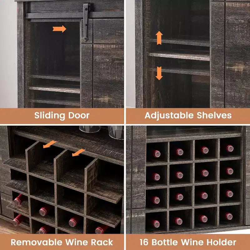 Meuble de bar Acekool, bahut de 120 cm avec portes coulissantes, buffet de rangement style ferme avec étagère réglable pour salle à manger, marron foncé