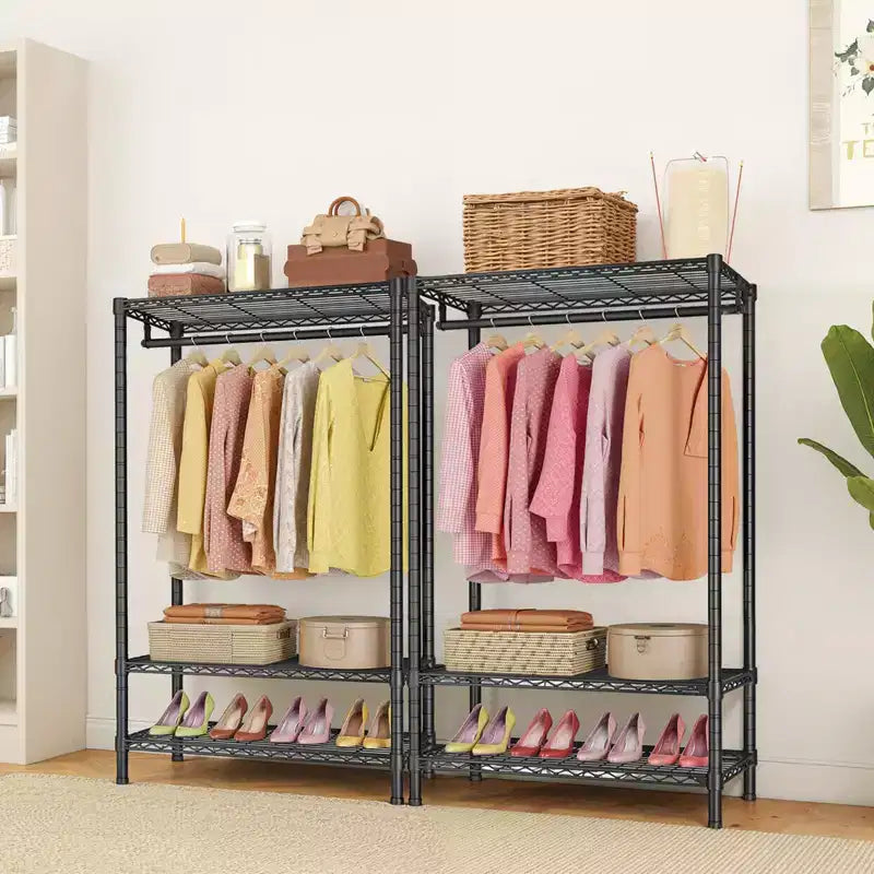 Portant à Vêtements Robuste avec 2 Étagères et 1 Barre de Suspension, Organisateur de Placard Autonome en Métal pour Costumes, Manteaux, Jupes Longues