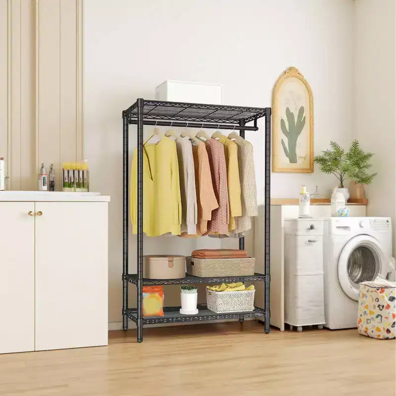 Portant à Vêtements Robuste avec 2 Étagères et 1 Barre de Suspension, Organisateur de Placard Autonome en Métal pour Costumes, Manteaux, Jupes Longues