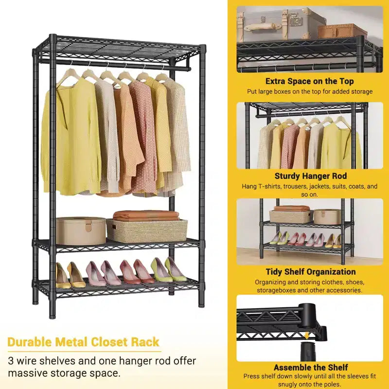 Portant à Vêtements Robuste avec 2 Étagères et 1 Barre de Suspension, Organisateur de Placard Autonome en Métal pour Costumes, Manteaux, Jupes Longues