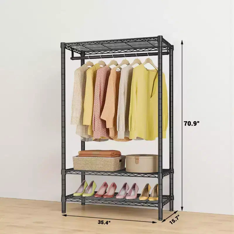 Portant à Vêtements Robuste avec 2 Étagères et 1 Barre de Suspension, Organisateur de Placard Autonome en Métal pour Costumes, Manteaux, Jupes Longues