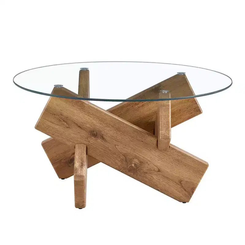 Table basse circulaire moderne en verre Okak, petite table à thé au design distinctif avec pieds en bois pour salon, réception, bureau, fermes