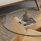 Table basse circulaire moderne en verre Okak, petite table à thé au design distinctif avec pieds en bois pour salon, réception, bureau, fermes