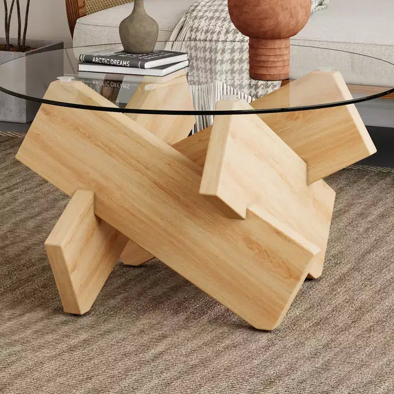 Table basse circulaire moderne en verre Okak, petite table à thé au design distinctif avec pieds en bois pour salon, réception, bureau, fermes