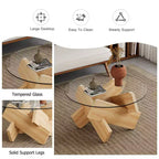 Table basse circulaire moderne en verre Okak, petite table à thé au design distinctif avec pieds en bois pour salon, réception, bureau, fermes