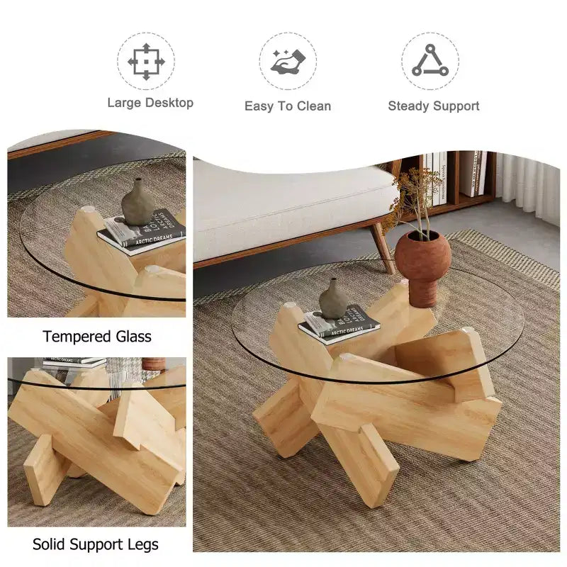 Table basse circulaire moderne en verre Okak, petite table à thé au design distinctif avec pieds en bois pour salon, réception, bureau, fermes