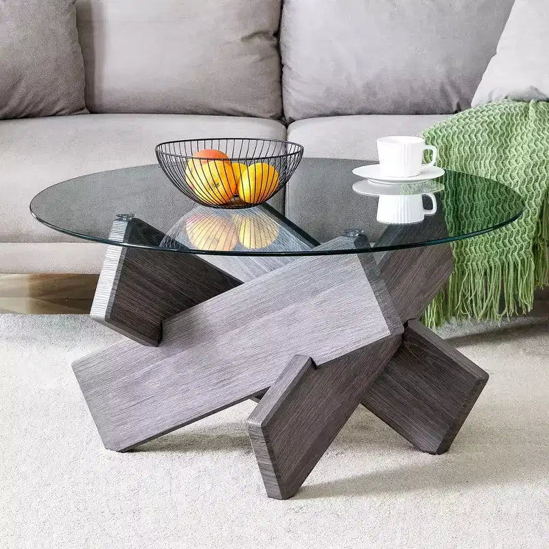 Table basse circulaire moderne en verre Okak, petite table à thé au design distinctif avec pieds en bois pour salon, réception, bureau, fermes