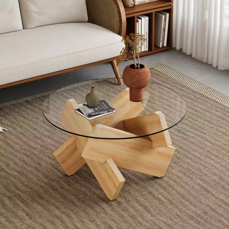 Table basse circulaire moderne en verre Okak, petite table à thé au design distinctif avec pieds en bois pour salon, réception, bureau, fermes