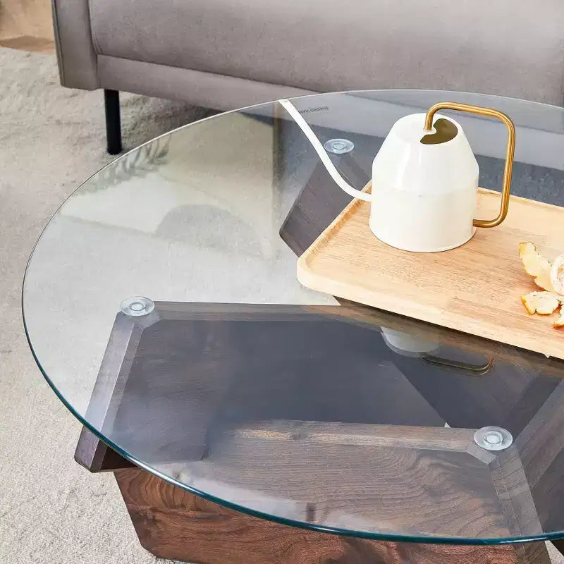 Table basse circulaire moderne en verre Okak, petite table à thé au design distinctif avec pieds en bois pour salon, réception, bureau, fermes