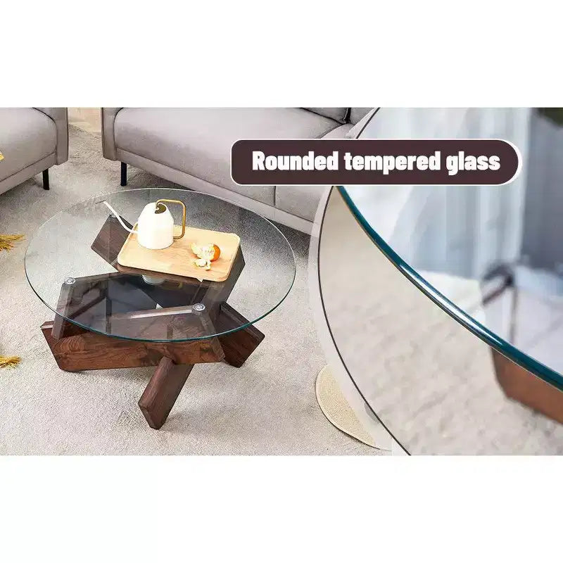 Table basse circulaire moderne en verre Okak, petite table à thé au design distinctif avec pieds en bois pour salon, réception, bureau, fermes