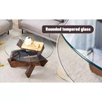 Table basse circulaire moderne en verre Okak, petite table à thé au design distinctif avec pieds en bois pour salon, réception, bureau, fermes