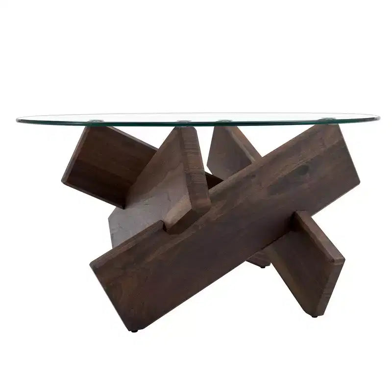 Table basse circulaire moderne en verre Okak, petite table à thé au design distinctif avec pieds en bois pour salon, réception, bureau, fermes
