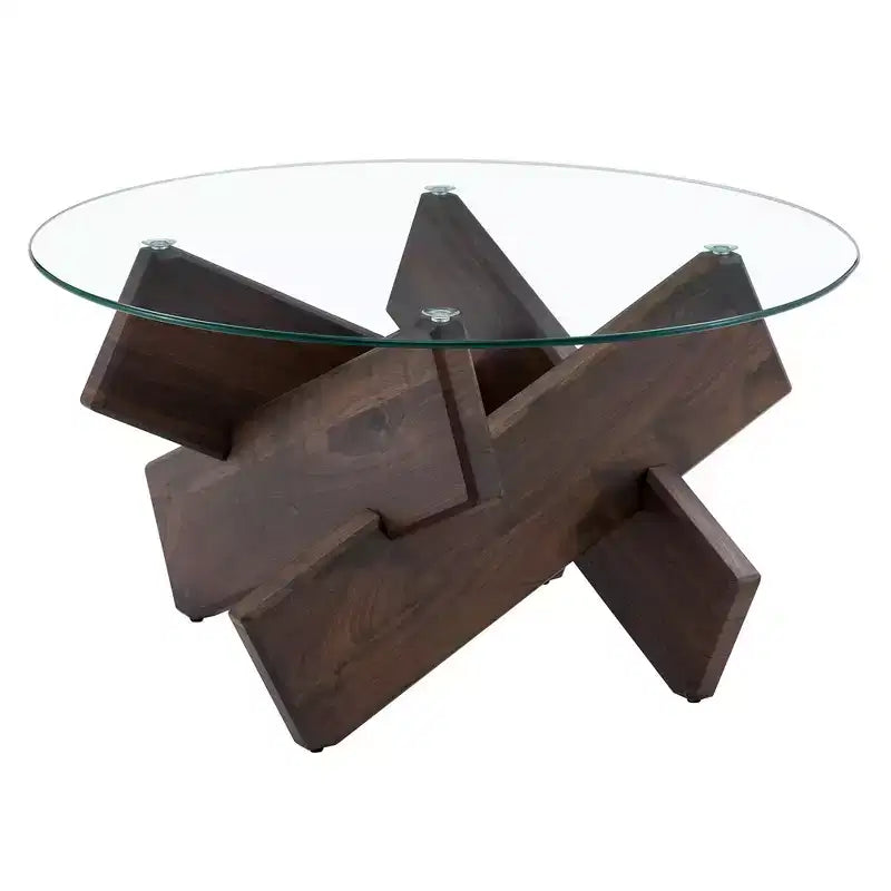Table basse circulaire moderne en verre Okak, petite table à thé au design distinctif avec pieds en bois pour salon, réception, bureau, fermes