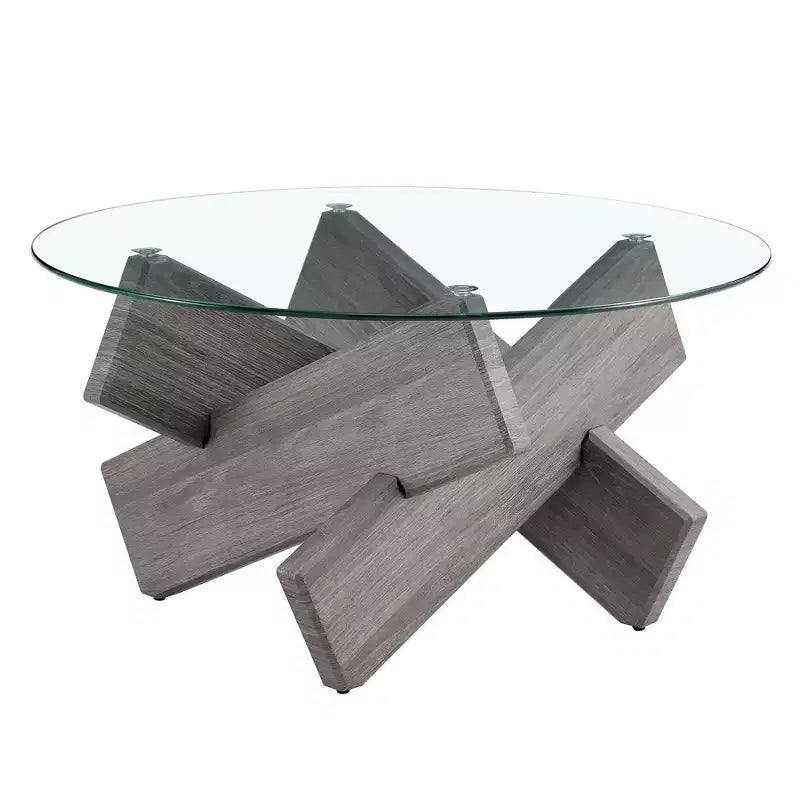 Table basse circulaire moderne en verre Okak, petite table à thé au design distinctif avec pieds en bois pour salon, réception, bureau, fermes