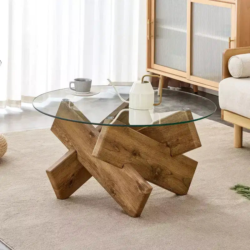 Table basse circulaire moderne en verre Okak, petite table à thé au design distinctif avec pieds en bois pour salon, réception, bureau, fermes