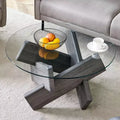 Okak Modern Circular Glass Coffee Table, Small Distinctive Design Tea Table Wood Legs for Living Room Reception Office Farmhouses