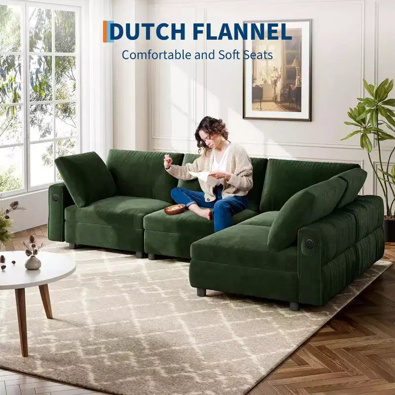 105 Modular Sectional Sofa - L-Shaped Velvet Couch with USB Charging (Emerald Green)