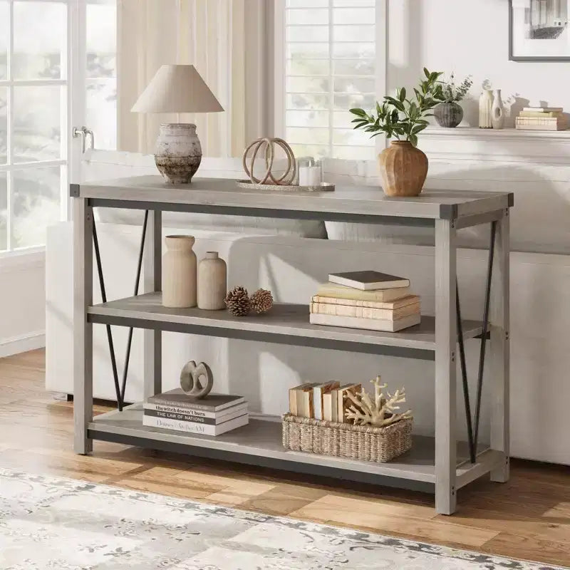Console étroite de style rustique pour entrée, table console longue et étroite de 120 cm avec rangement, table console en bois à 3 niveaux