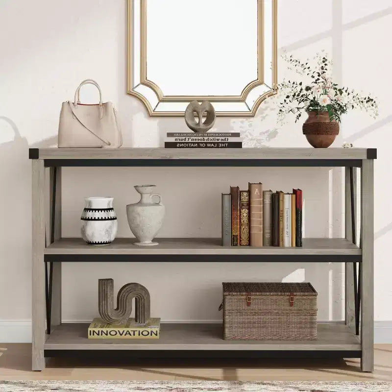 Console étroite de style rustique pour entrée, table console longue et étroite de 120 cm avec rangement, table console en bois à 3 niveaux