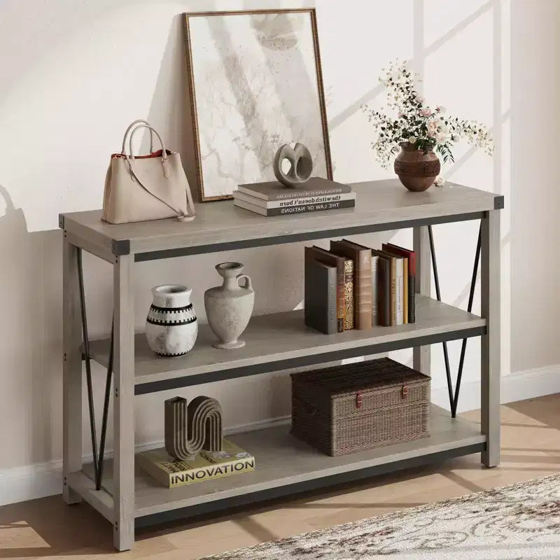 Console étroite de style rustique pour entrée, table console longue et étroite de 120 cm avec rangement, table console en bois à 3 niveaux