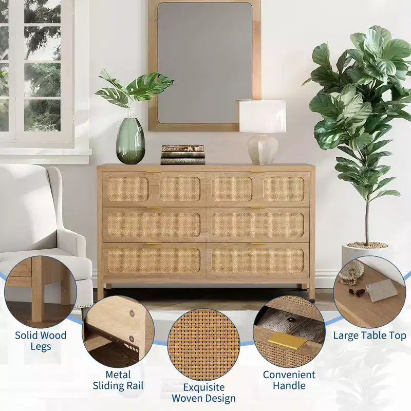 Commode à 6 tiroirs pour chambre à coucher, commode en rotin de 119 cm de large avec poignées métalliques, meuble de rangement en bois, meuble TV, organisateur de commode