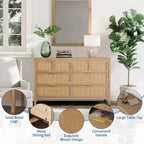 Commode à 6 tiroirs pour chambre à coucher, commode en rotin de 119 cm de large avec poignées métalliques, meuble de rangement en bois, meuble TV, organisateur de commode