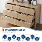 Commode à 6 tiroirs pour chambre à coucher, commode en rotin de 119 cm de large avec poignées métalliques, meuble de rangement en bois, meuble TV, organisateur de commode