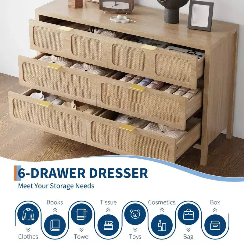 Commode à 6 tiroirs pour chambre à coucher, commode en rotin de 119 cm de large avec poignées métalliques, meuble de rangement en bois, meuble TV, organisateur de commode