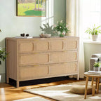 Commode à 6 tiroirs pour chambre à coucher, commode en rotin de 119 cm de large avec poignées métalliques, meuble de rangement en bois, meuble TV, organisateur de commode