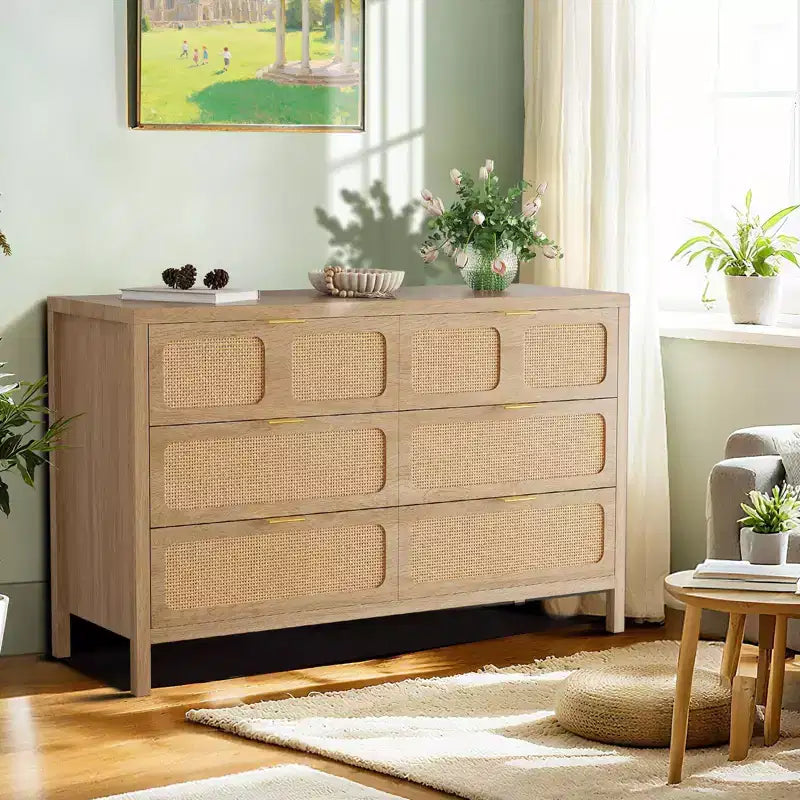 Commode à 6 tiroirs pour chambre à coucher, commode en rotin de 119 cm de large avec poignées métalliques, meuble de rangement en bois, meuble TV, organisateur de commode