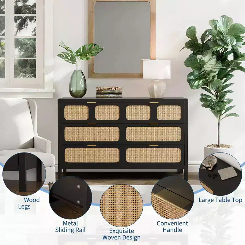 Commode à 6 tiroirs pour chambre à coucher, commode en rotin de 119 cm de large avec poignées métalliques, meuble de rangement en bois, meuble TV, organisateur de commode