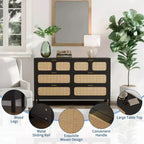 Commode à 6 tiroirs pour chambre à coucher, commode en rotin de 119 cm de large avec poignées métalliques, meuble de rangement en bois, meuble TV, organisateur de commode