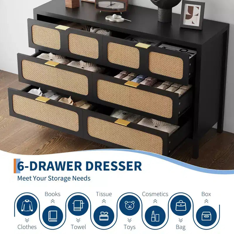 Commode à 6 tiroirs pour chambre à coucher, commode en rotin de 119 cm de large avec poignées métalliques, meuble de rangement en bois, meuble TV, organisateur de commode