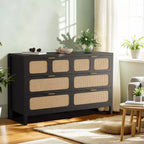 Commode à 6 tiroirs pour chambre à coucher, commode en rotin de 119 cm de large avec poignées métalliques, meuble de rangement en bois, meuble TV, organisateur de commode