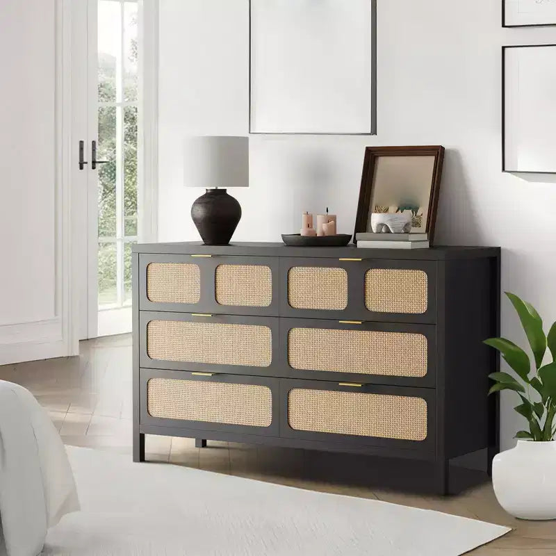 Commode à 6 tiroirs pour chambre à coucher, commode en rotin de 119 cm de large avec poignées métalliques, meuble de rangement en bois, meuble TV, organisateur de commode