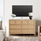 Commode à 6 tiroirs pour chambre à coucher, commode en rotin de 119 cm de large avec poignées métalliques, meuble de rangement en bois, meuble TV, organisateur de commode