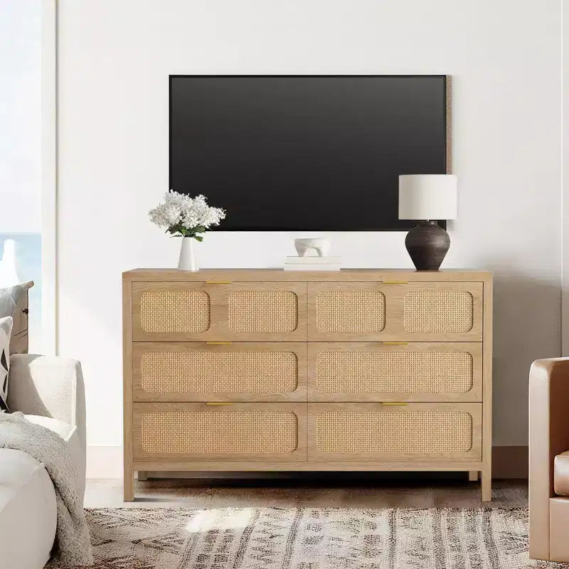 Commode à 6 tiroirs pour chambre à coucher, commode en rotin de 119 cm de large avec poignées métalliques, meuble de rangement en bois, meuble TV, organisateur de commode