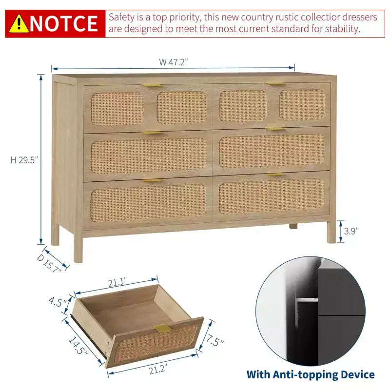 Commode à 6 tiroirs pour chambre à coucher, commode en rotin de 119 cm de large avec poignées métalliques, meuble de rangement en bois, meuble TV, organisateur de commode