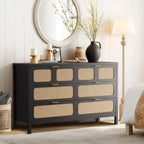 Commode à 6 tiroirs pour chambre à coucher, commode en rotin de 119 cm de large avec poignées métalliques, meuble de rangement en bois, meuble TV, organisateur de commode