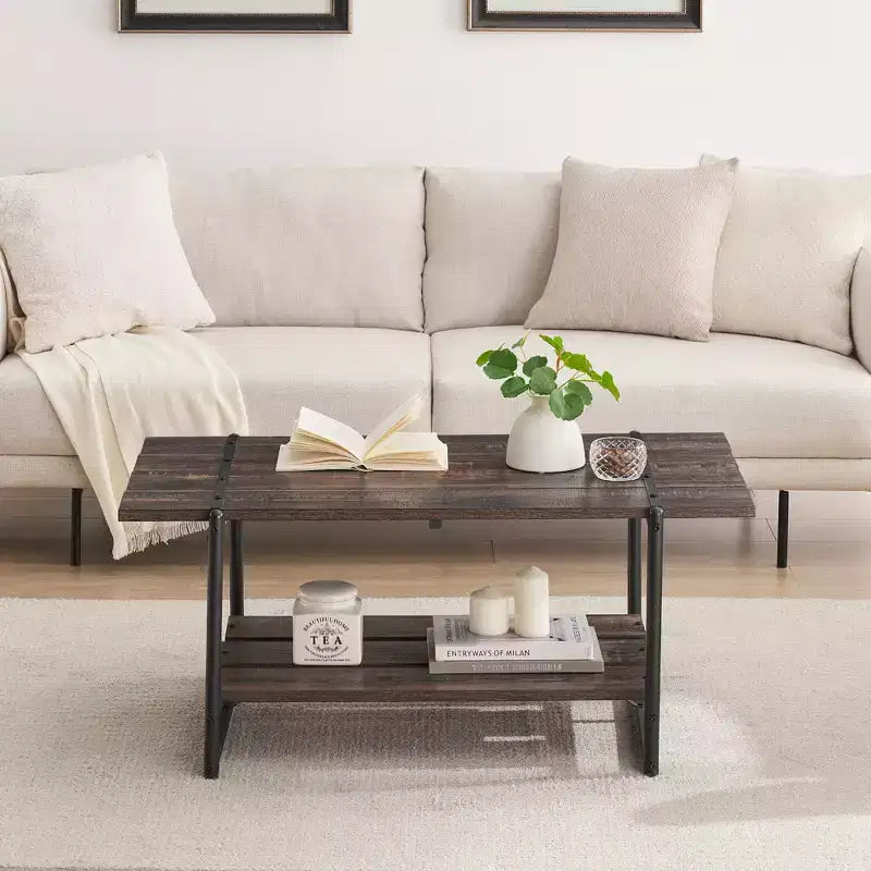 2 Tier Wood Coffee Table, 41'' Industrial Center Table, Cocktail Tea Table with Storage Shelf, Sofa Side Accent Table for Living Room