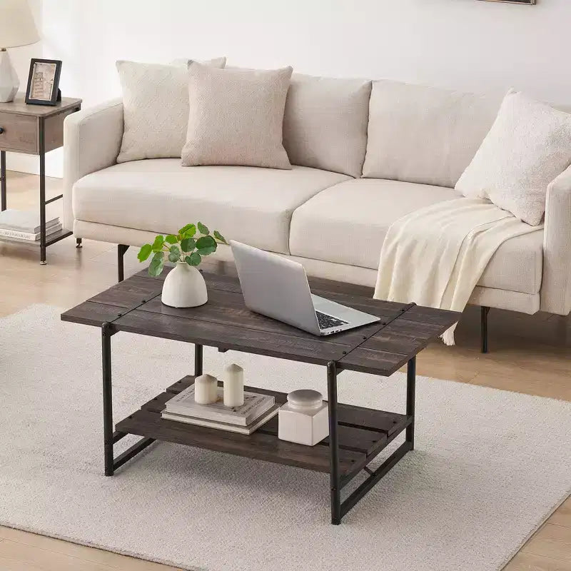 Table basse en bois à 2 niveaux, table centrale industrielle de 104 cm, table à thé/cocktail avec étagère de rangement, table d'appoint de canapé pour salon
