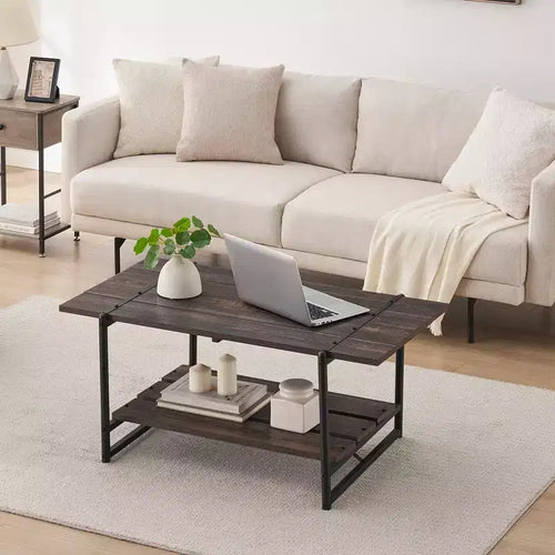 Table basse en bois à 2 niveaux, table centrale industrielle de 104 cm, table à thé/cocktail avec étagère de rangement, table d'appoint de canapé pour salon