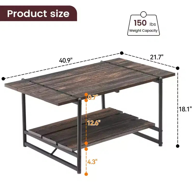 Table basse en bois à 2 niveaux, table centrale industrielle de 104 cm, table à thé/cocktail avec étagère de rangement, table d'appoint de canapé pour salon