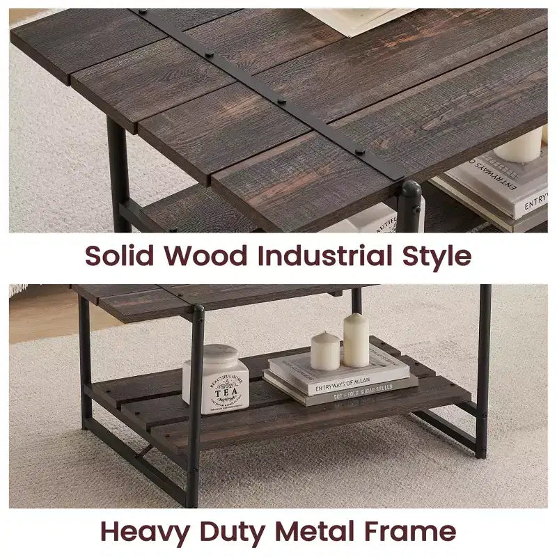Table basse en bois à 2 niveaux, table centrale industrielle de 104 cm, table à thé/cocktail avec étagère de rangement, table d'appoint de canapé pour salon